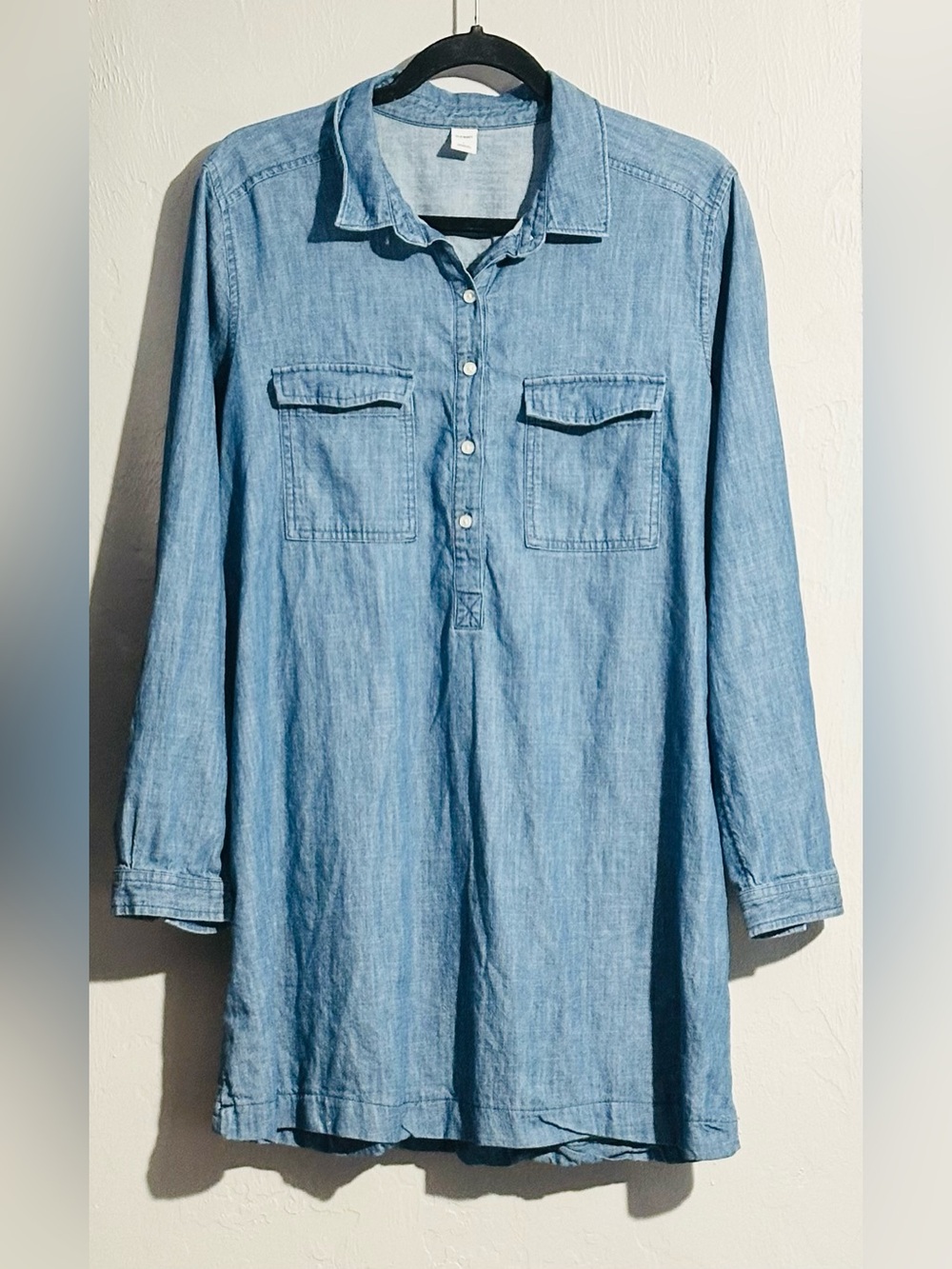 Old Navy Chambray Denim Popover Tunic Shirt/Mini Dress Long Sleeve Double Pocket